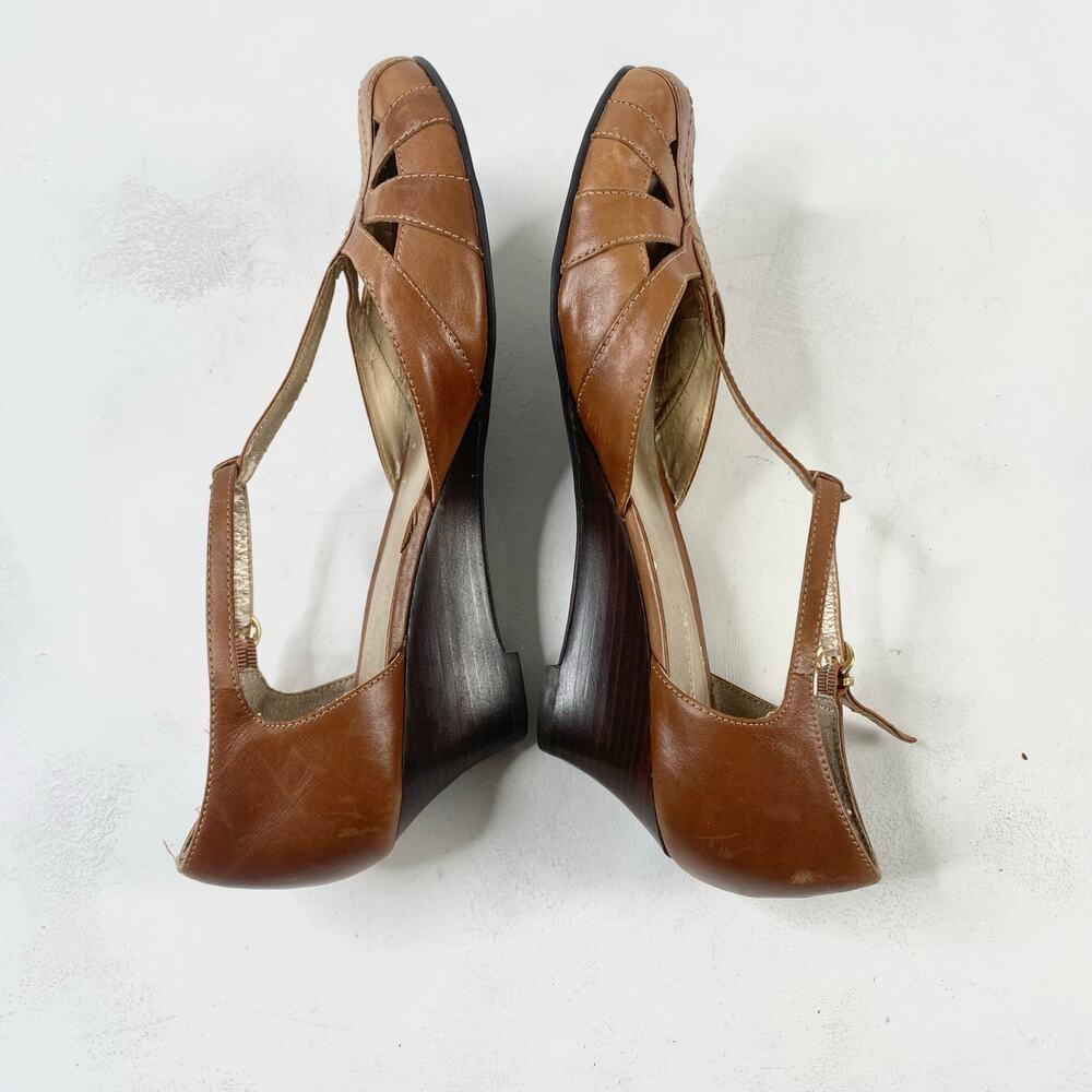 Naturalizer Brown Distressed Leather Wedges Boho T-Strap Sandals sz 10 - Picture 10 of 11